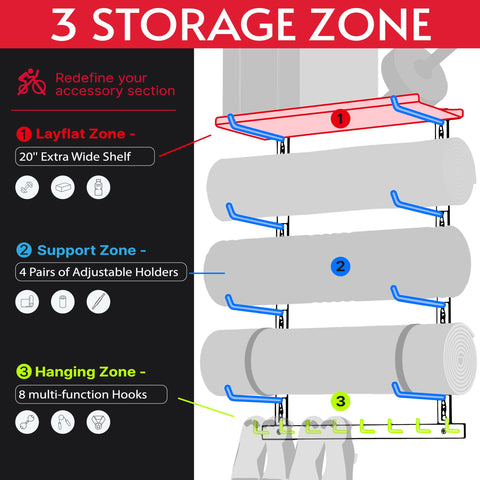 Crostice adjustable holders on the wall-mounted shelf allow customizable gear placement