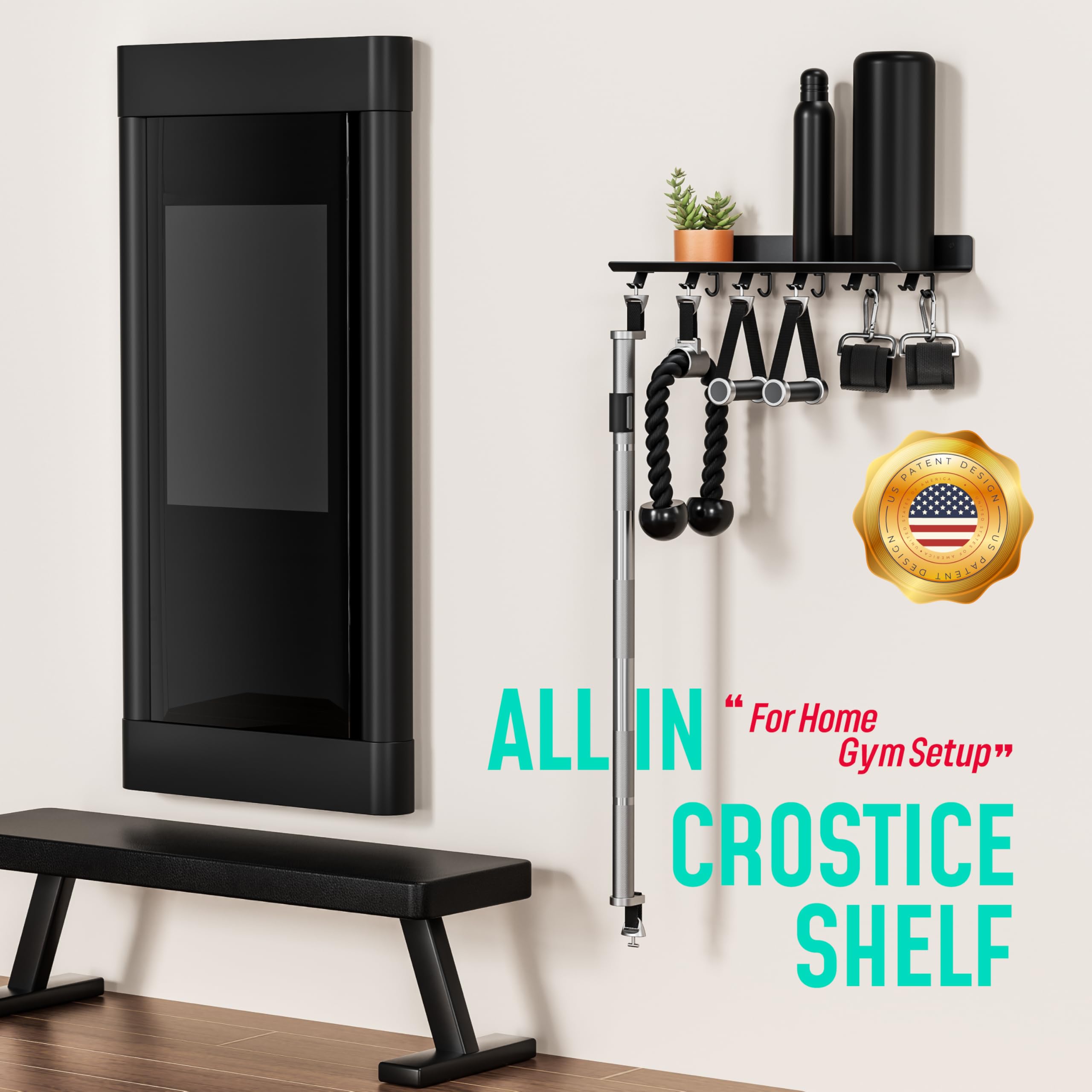 Crostice wall-mounted shelf ready for home gym storage.