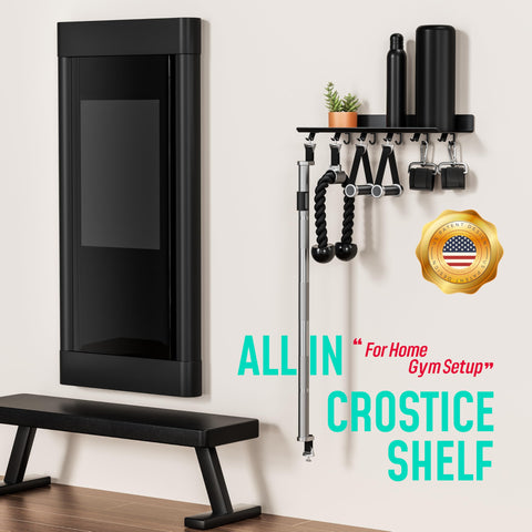 Crostice wall-mounted shelf ready for home gym storage.