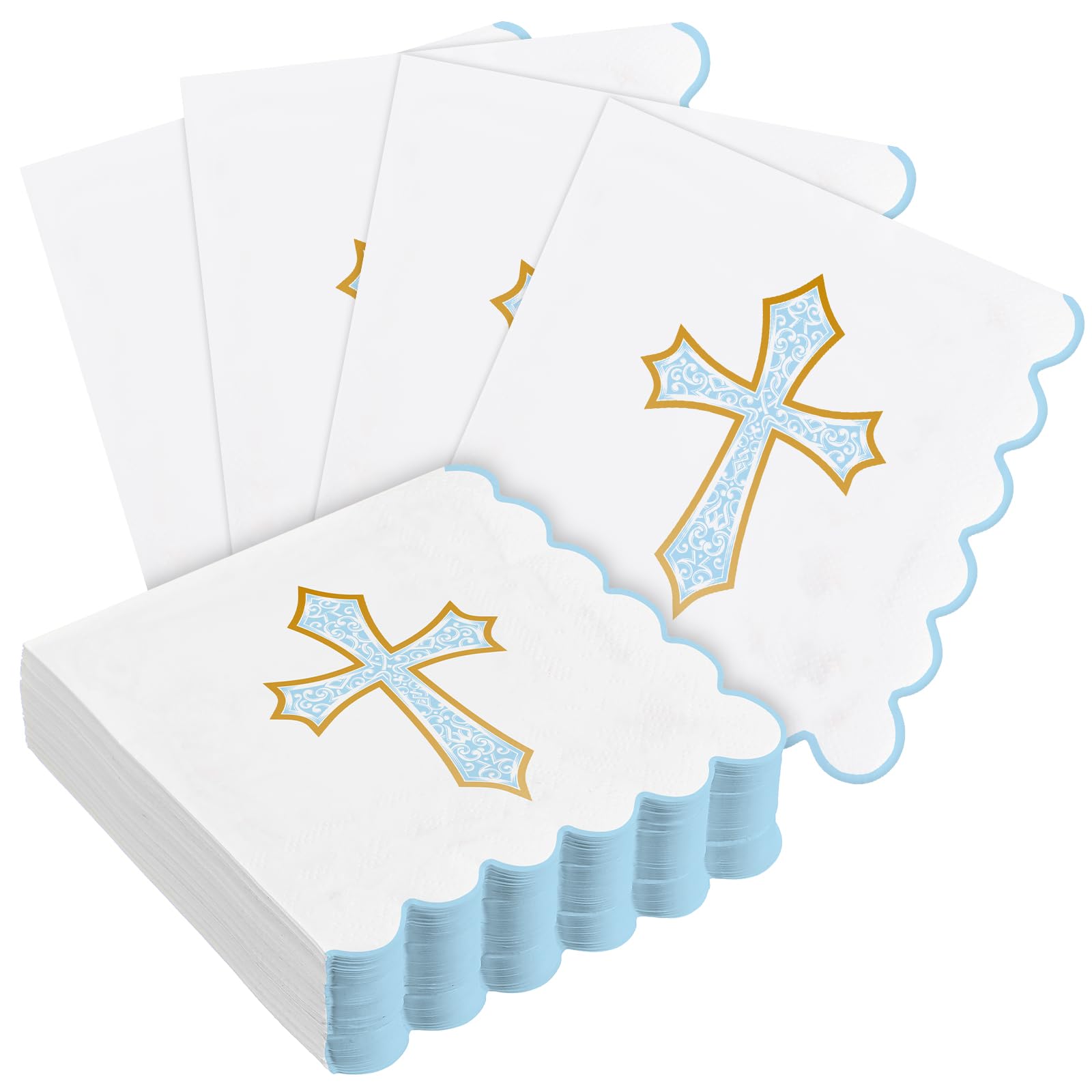 Crtiin blue cross pattern napkins on table setting for baptism