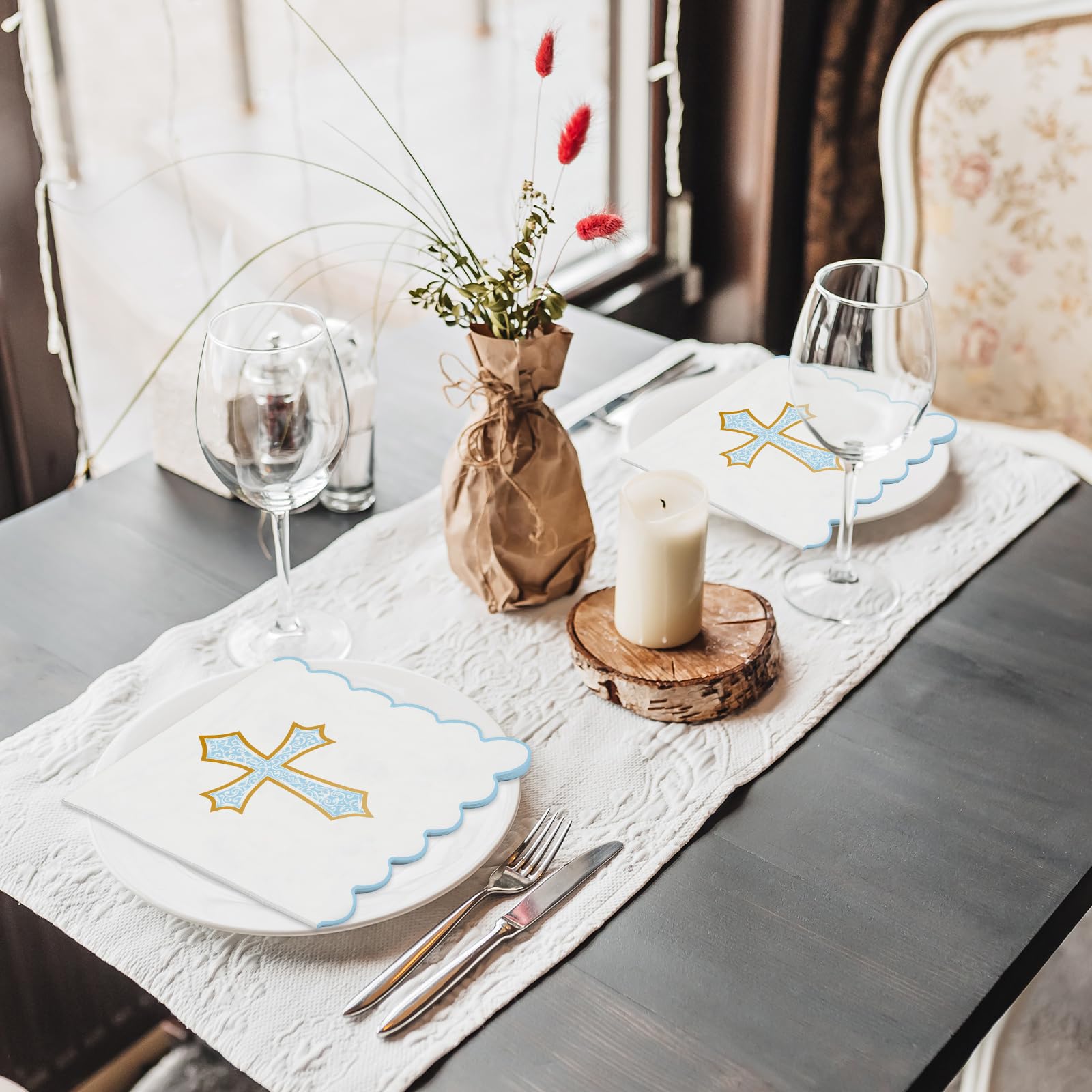 Crtiin scalloped edges elevate religious baby shower decor