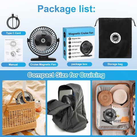 CruiSeaU compact fan fits easily in a carry-on for cruises.
