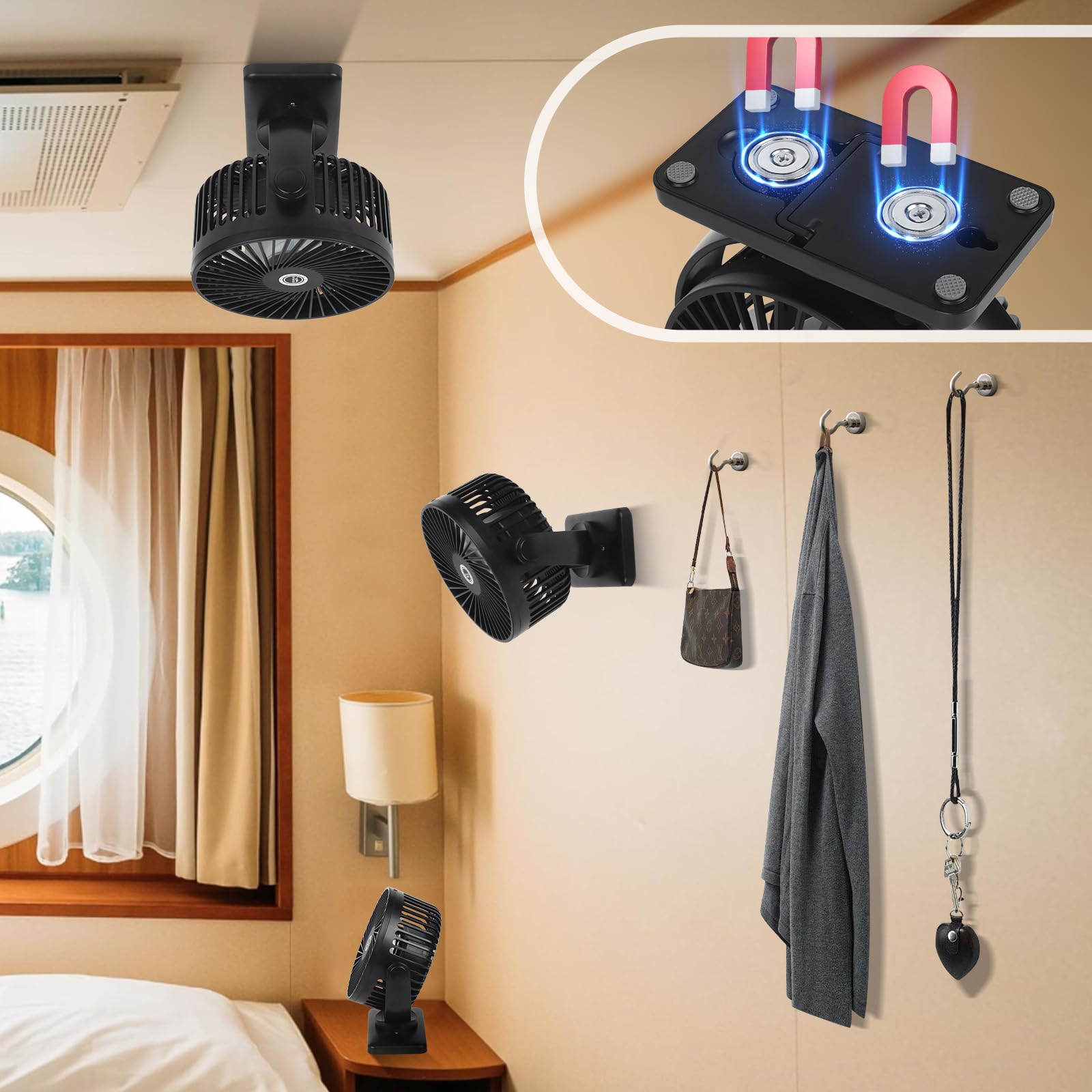 CruiSeaU portable fan mounted on bunk rail delivering hands-free airflow.