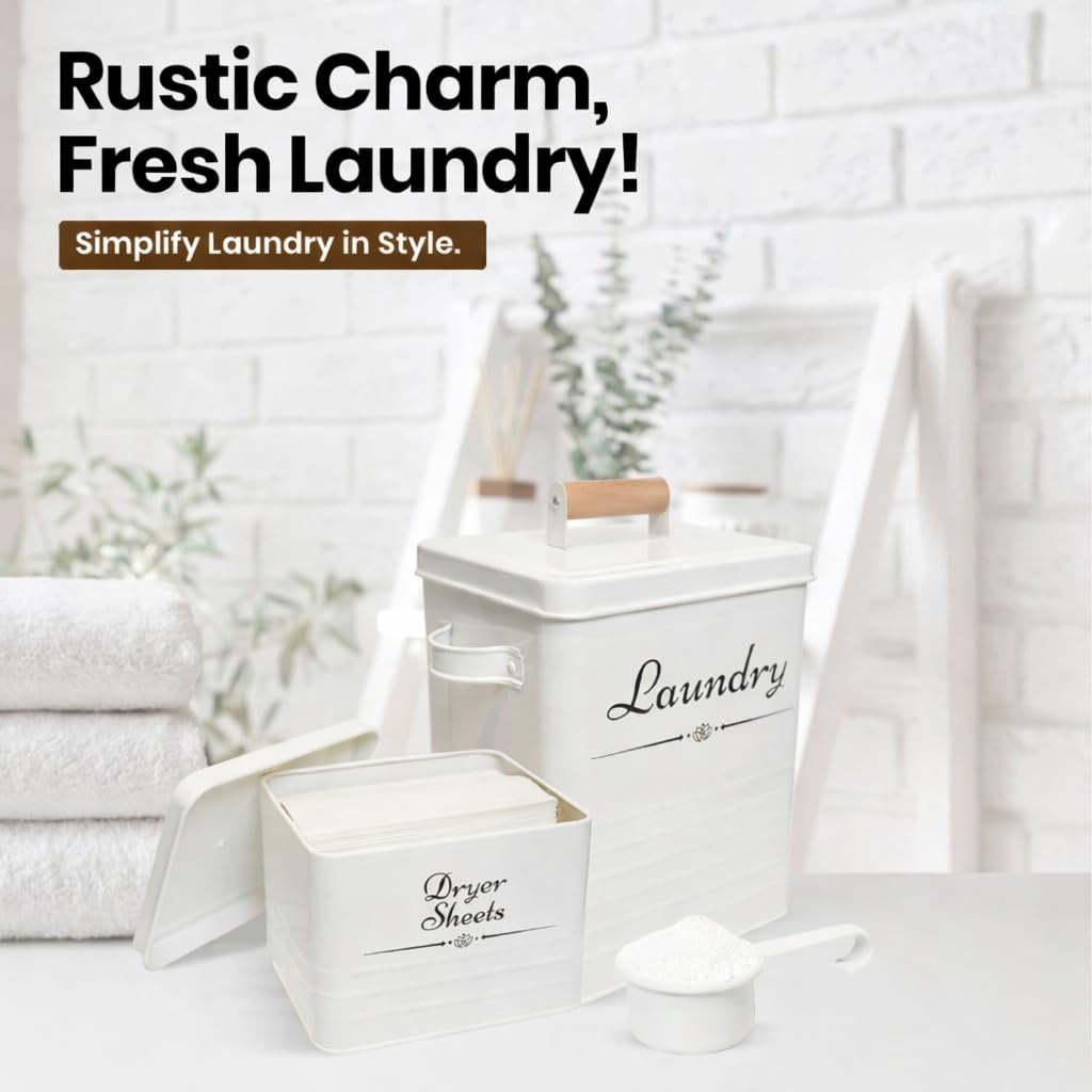 Cruleen laundry room decor shown on a shelf for organization