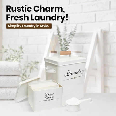 Cruleen laundry room decor shown on a shelf for organization