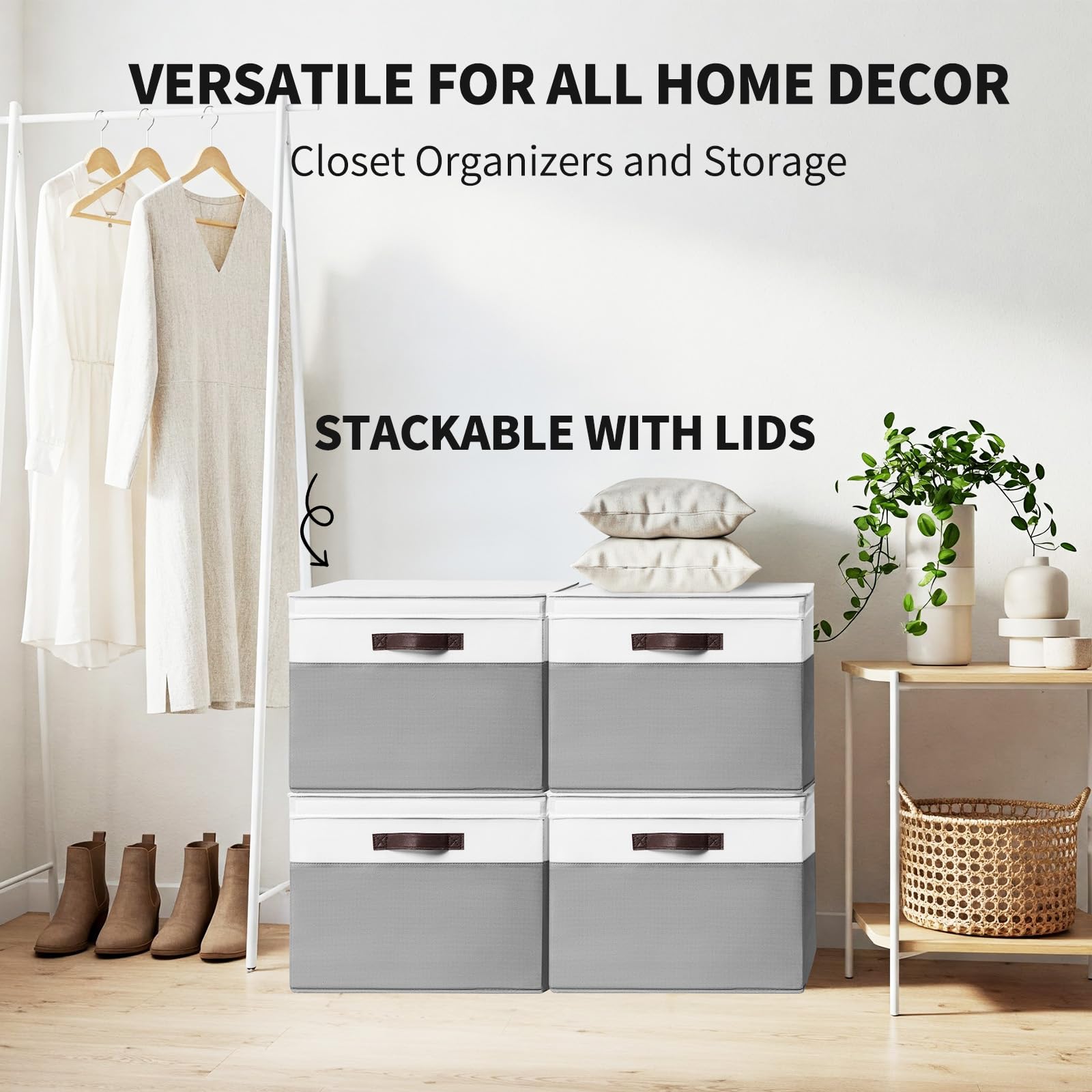 Criusia two-toned decorative bin enhances living room decor while storing throws.