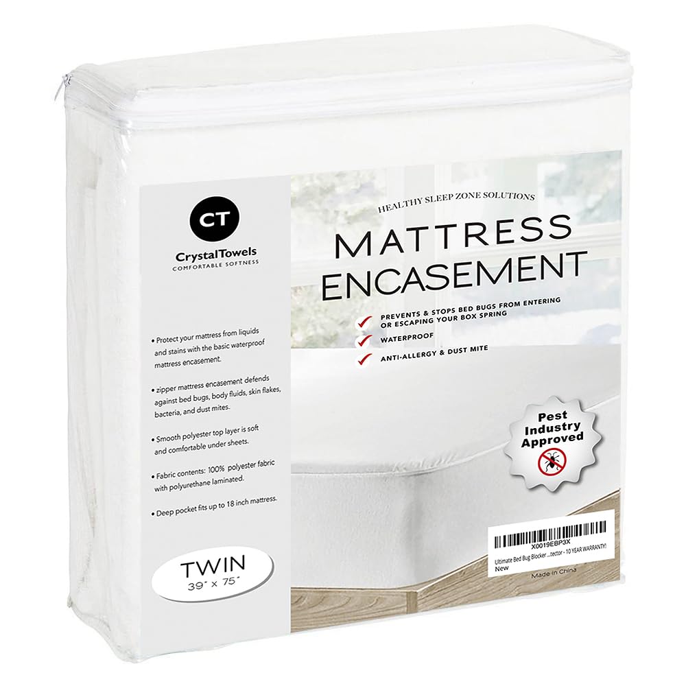 CrystalTowels twin TPU-backed waterproof protector blocks spills for a clean twin mattress.