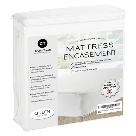 CrystalTowels waterproof mattress protector for queen size with 6-sided zipper provides full coverage and spill protection.