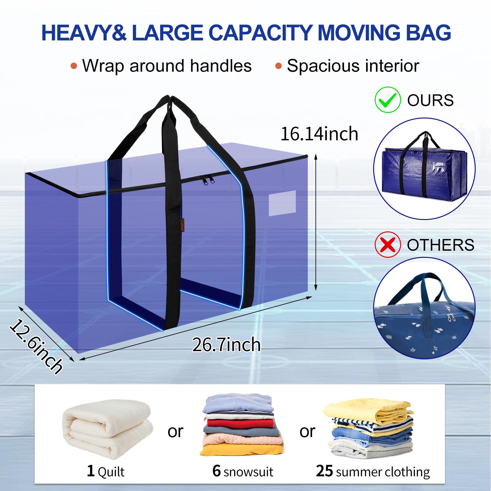 Cryster six-pack moving bags zipper detail protects contents from dust.