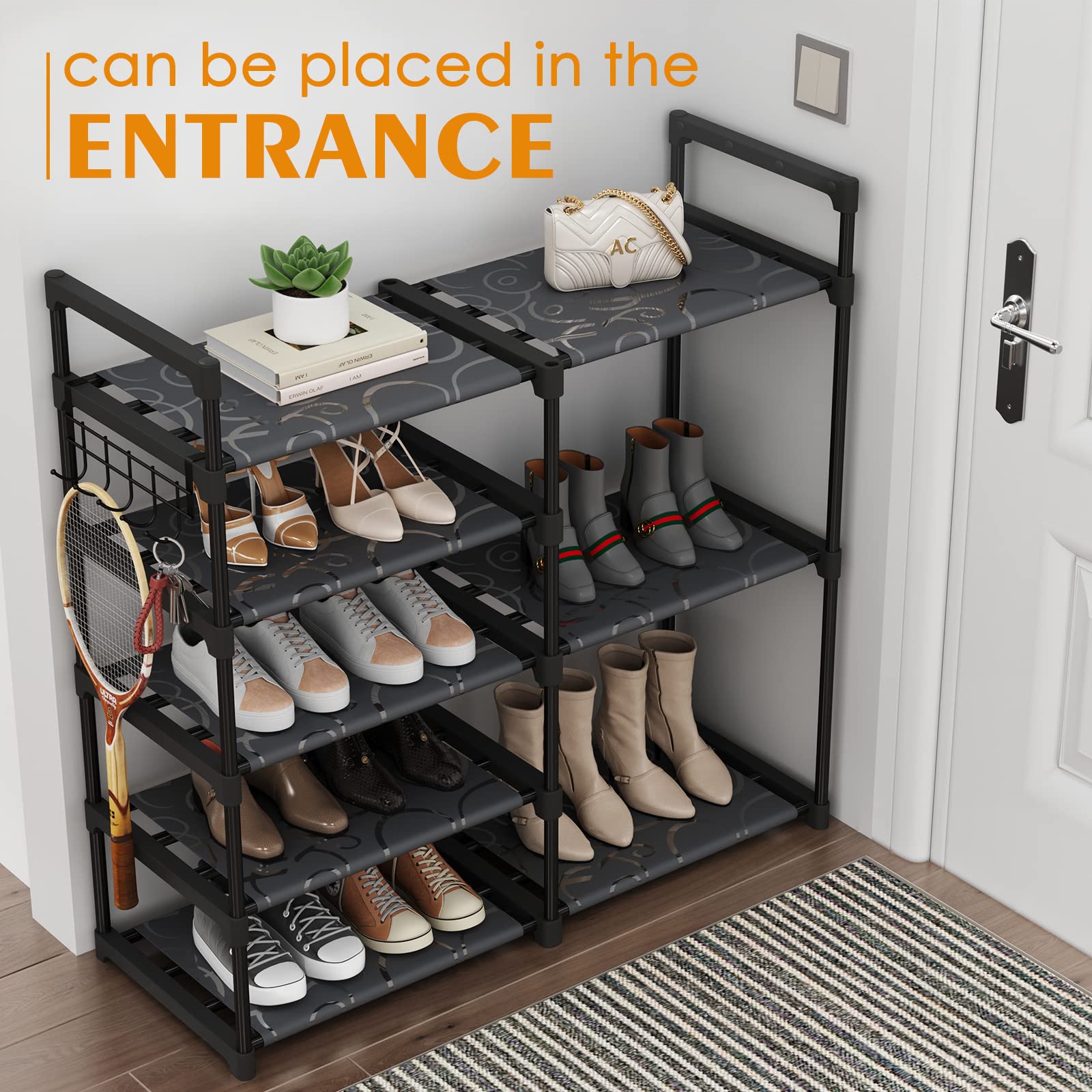 CSXGBAB 5-tier Oxford fabric shelf side view illustrates compact storage for closets