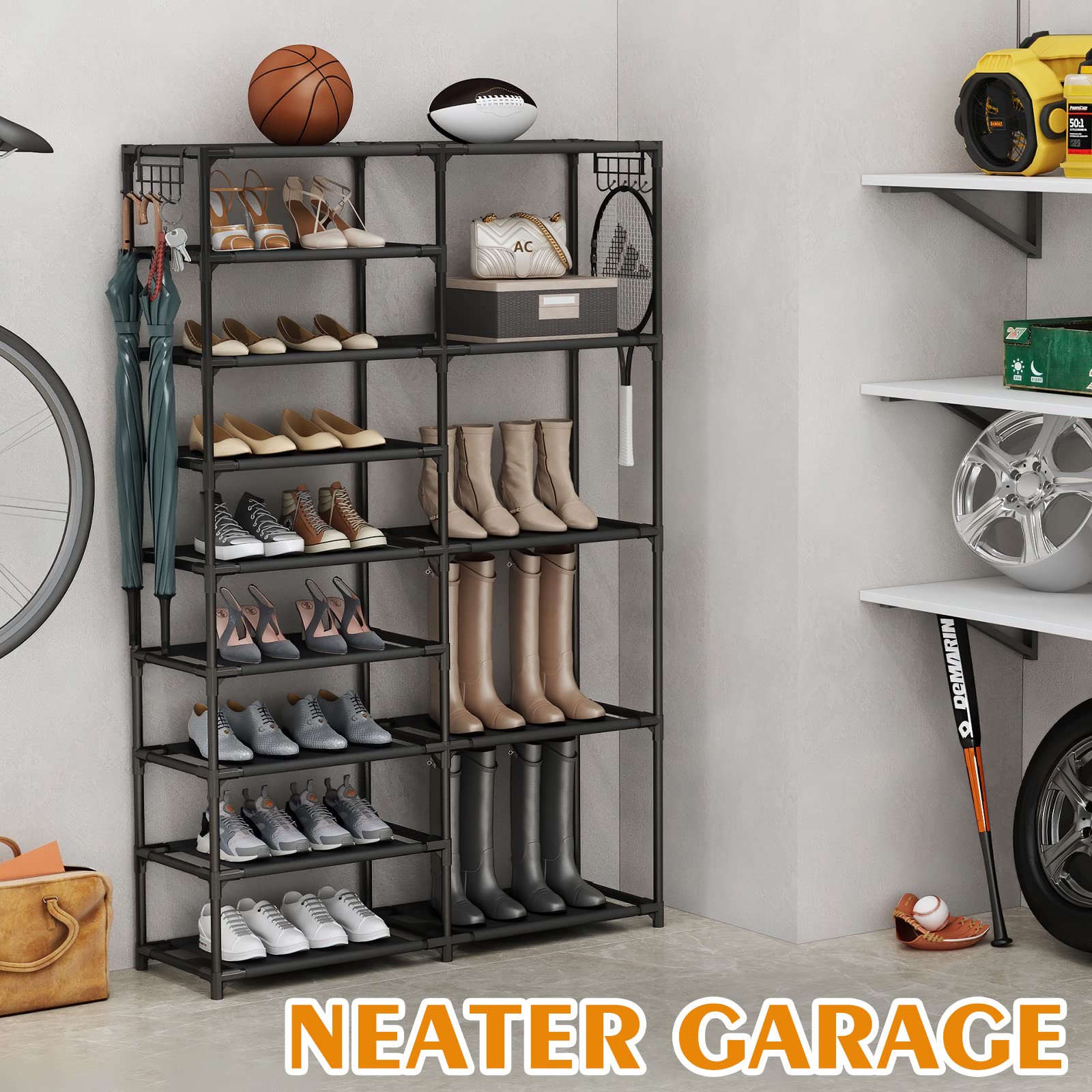 CSXGBAB tall garage shoe rack side view highlighting two-row hooks for accessories