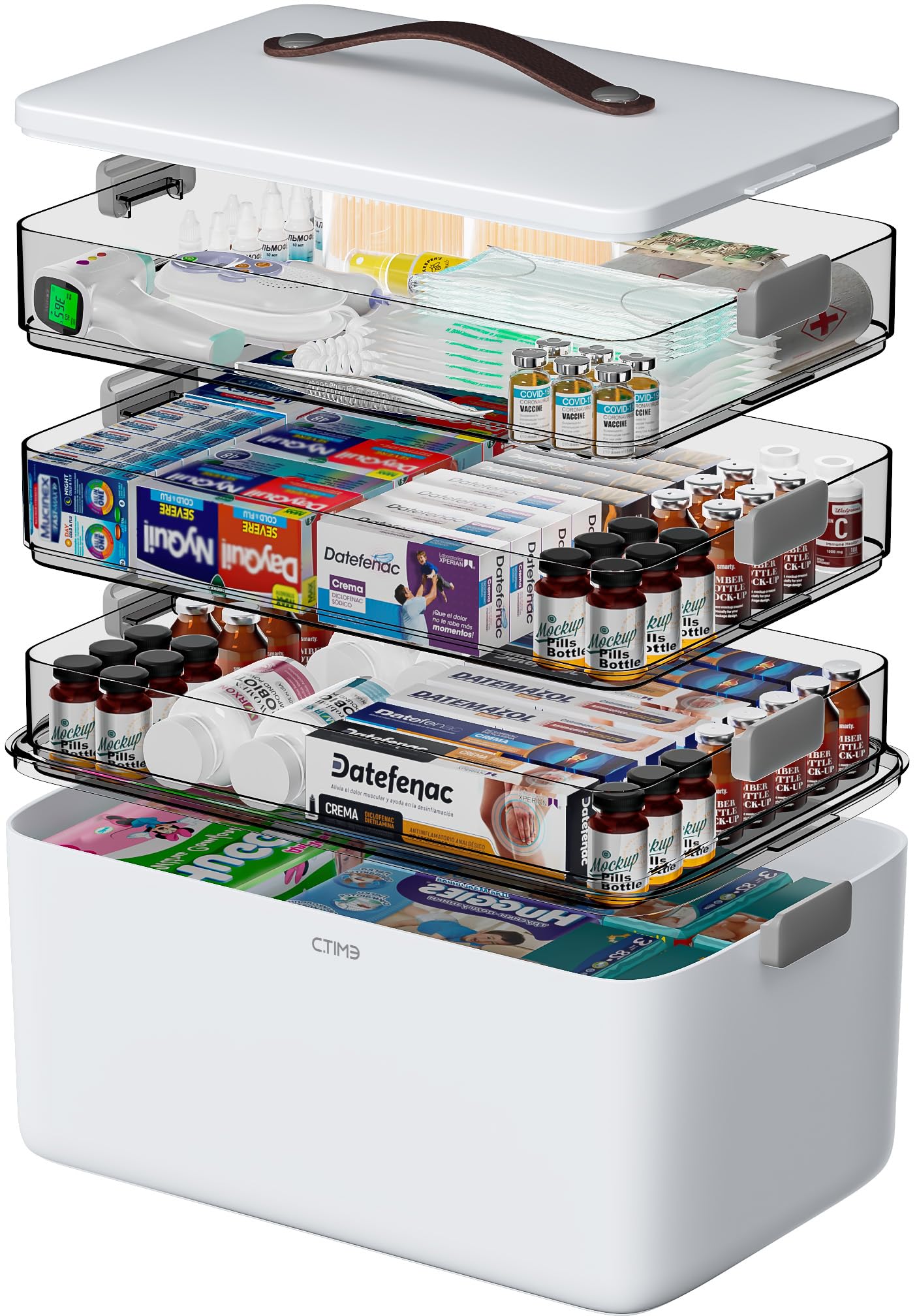 CTIME 4-Tier XL Medicine Organizer with leather handle for easy transport and bedside access.