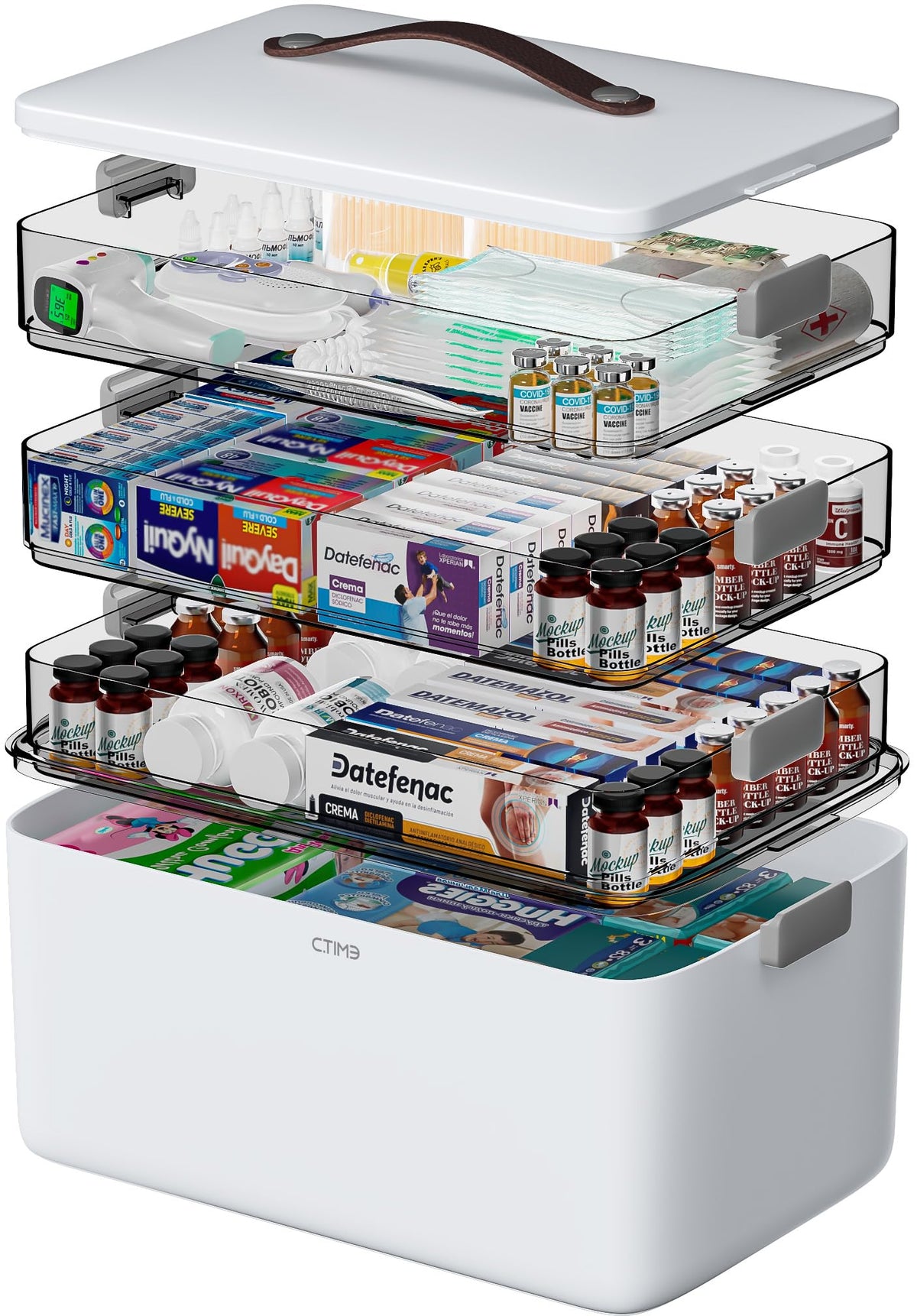 CTIME 4-Tier XL Medicine Organizer with leather handle for easy transport and bedside access.