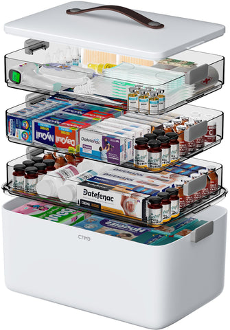 CTIME 4-Tier XL Medicine Organizer with leather handle for easy transport and bedside access.