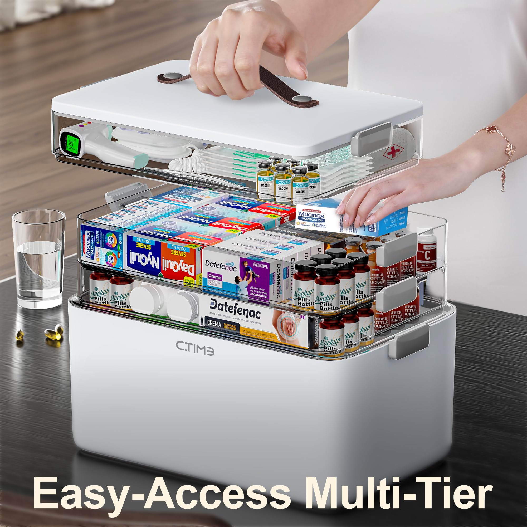 CTIME 4-Tier XL Medicine Organizer with side latches ensures secure sealing and quick opening.