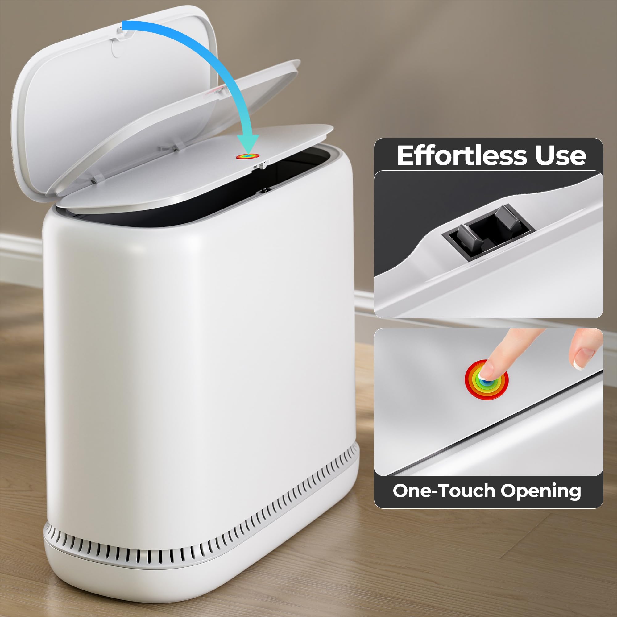 CTIME tap to open close lid enables quick one handed disposal.