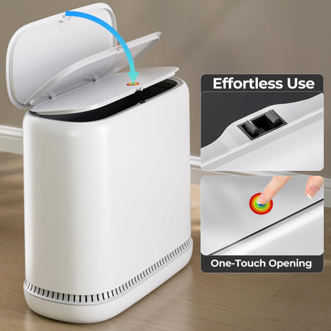 CTIME tap to open close lid enables quick one handed disposal.