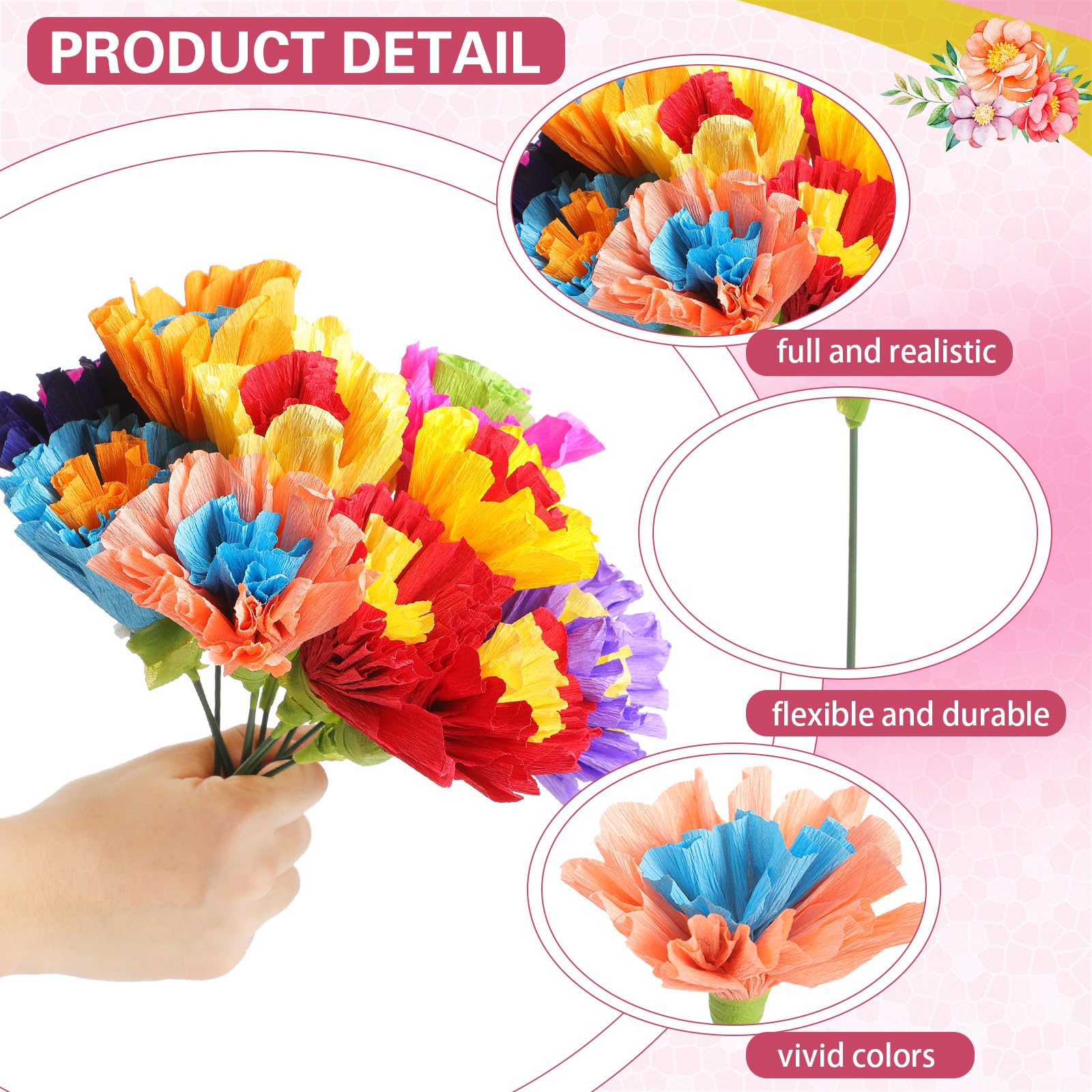 Ctosree fiesta paper flowers with stems for wall garlands or displays.