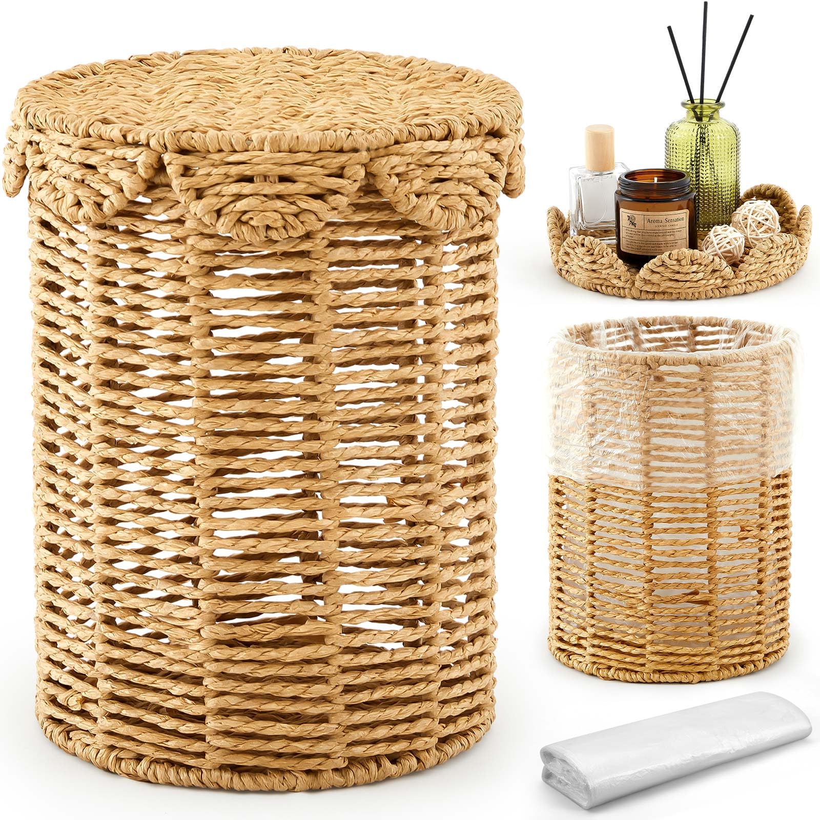 Ctosree small wicker trash bin with lid, perfect for tight spaces.
