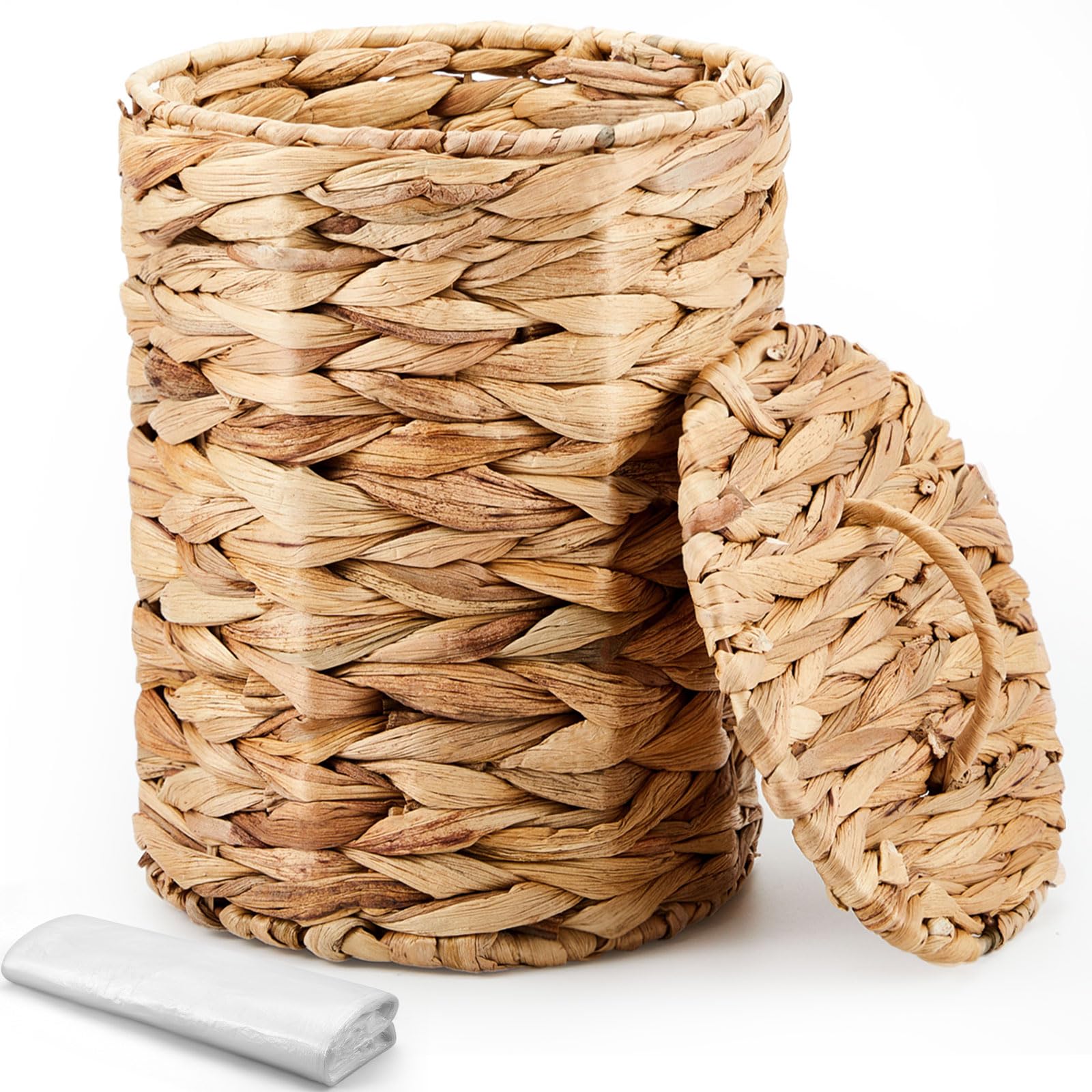 Ctosree small wicker trash can with lid and handle for tidy spaces.