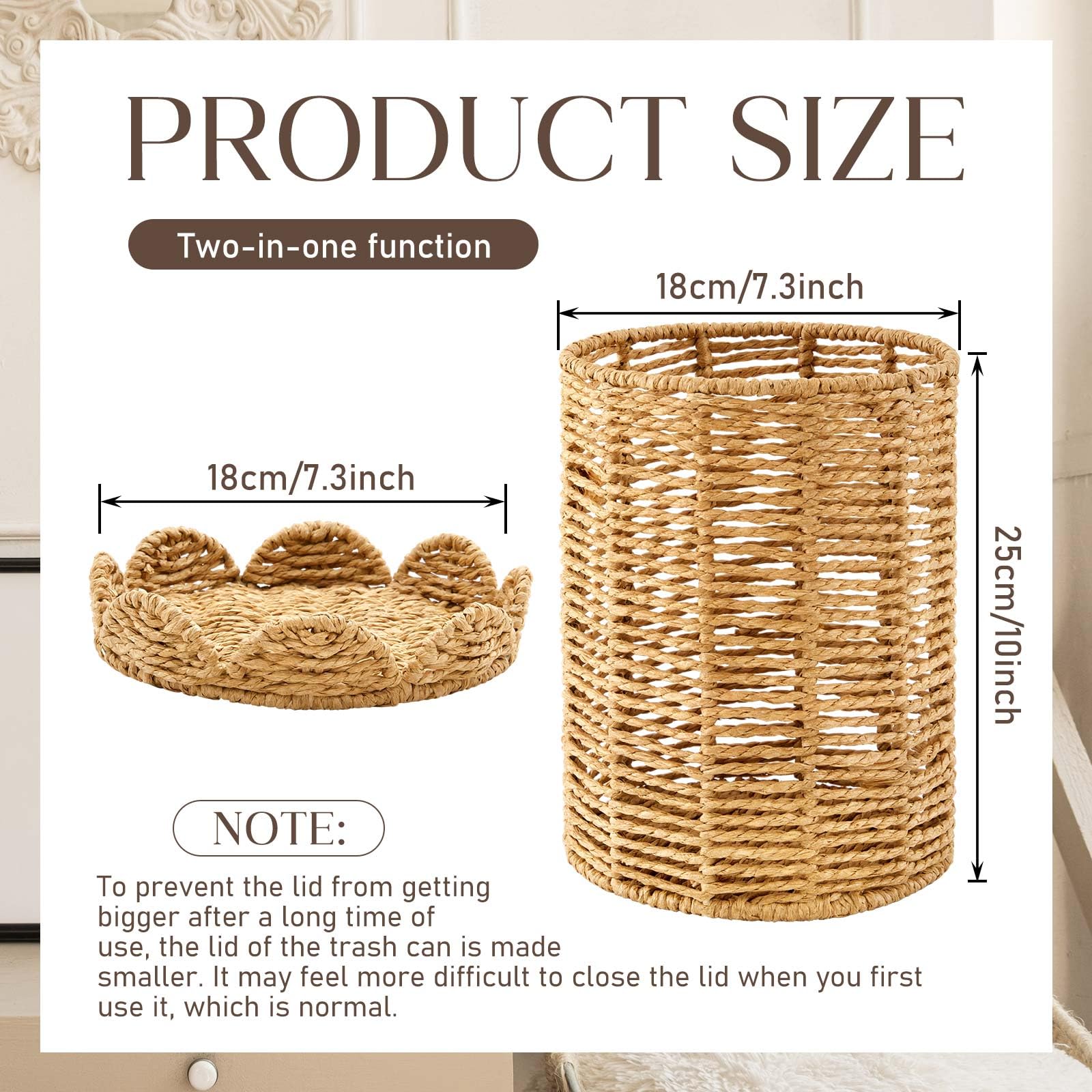 Ctosree wicker trash bin open with lid, easy waste access in bathrooms or desks.
