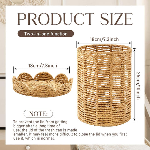 Ctosree wicker trash bin open with lid, easy waste access in bathrooms or desks.