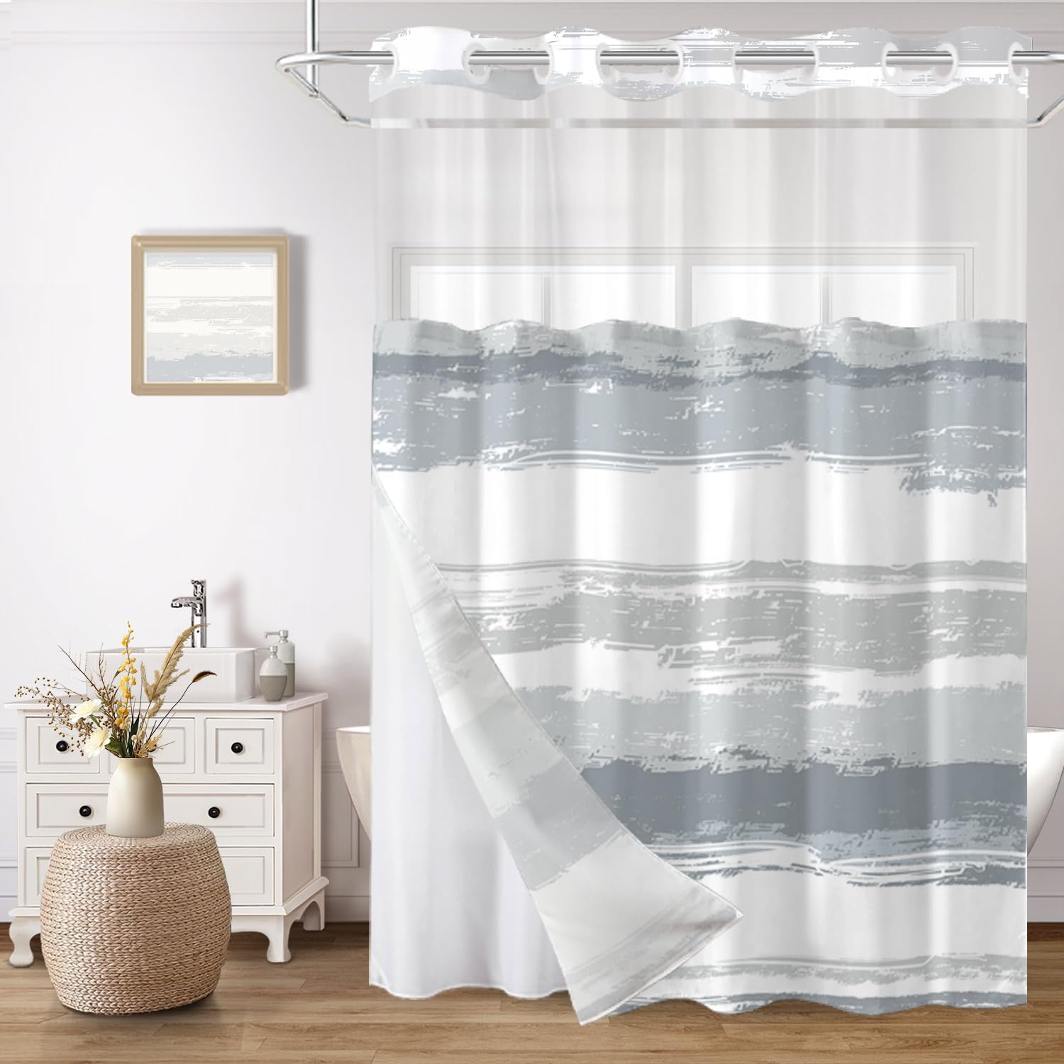 CTOTSYC No Hook Curtain with grey-white stripes for a hotel-style bathroom upgrade.