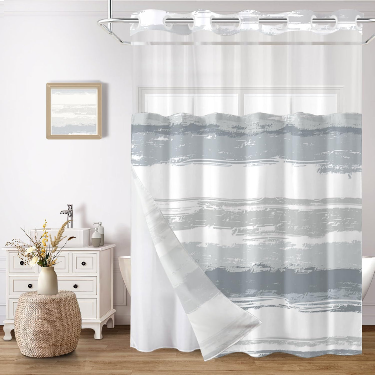 CTOTSYC No Hook Curtain with grey-white stripes for a hotel-style bathroom upgrade.