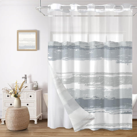 CTOTSYC No Hook Curtain with grey-white stripes for a hotel-style bathroom upgrade.