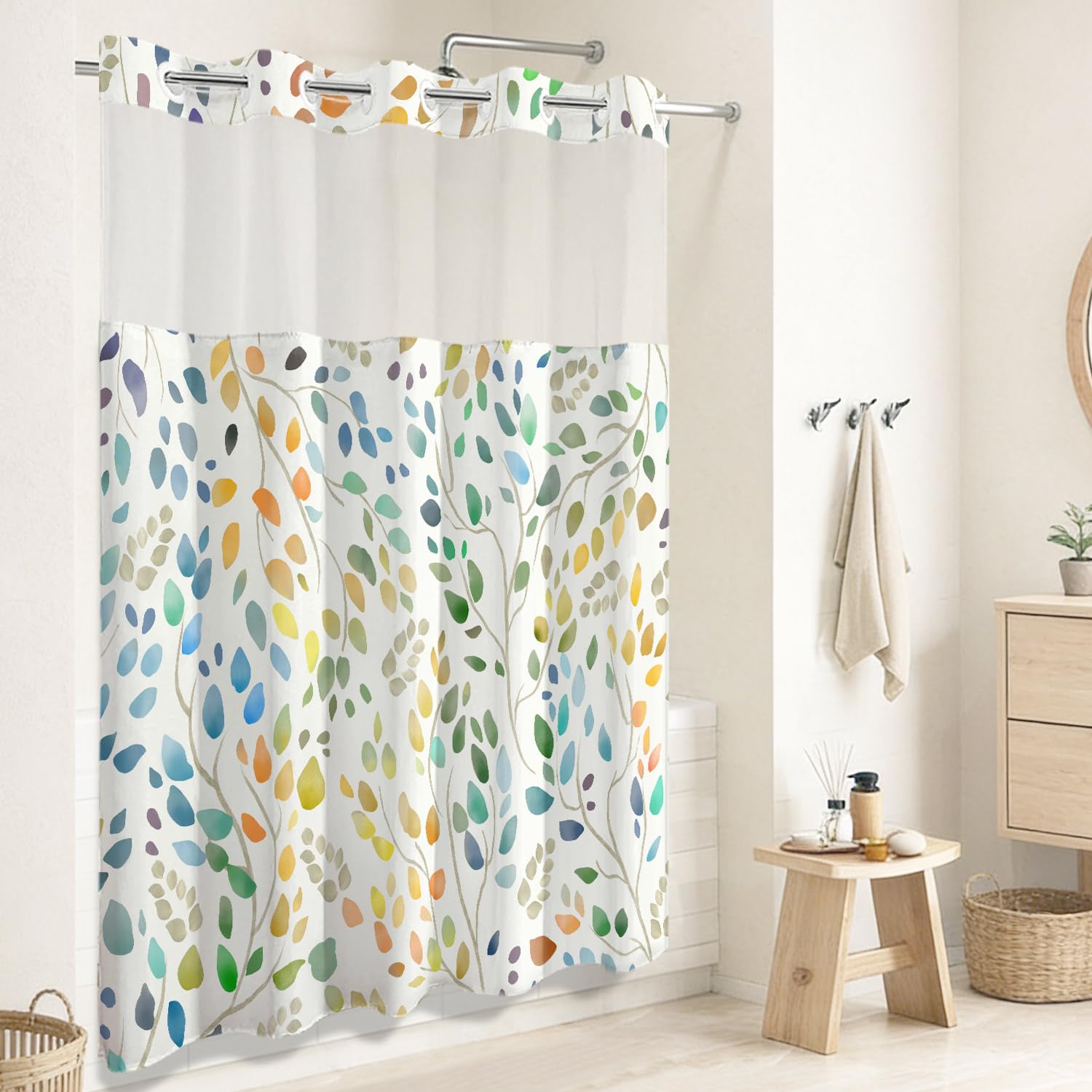 CTOTSYC shower curtain with mesh-top window lets light in while preserving privacy.