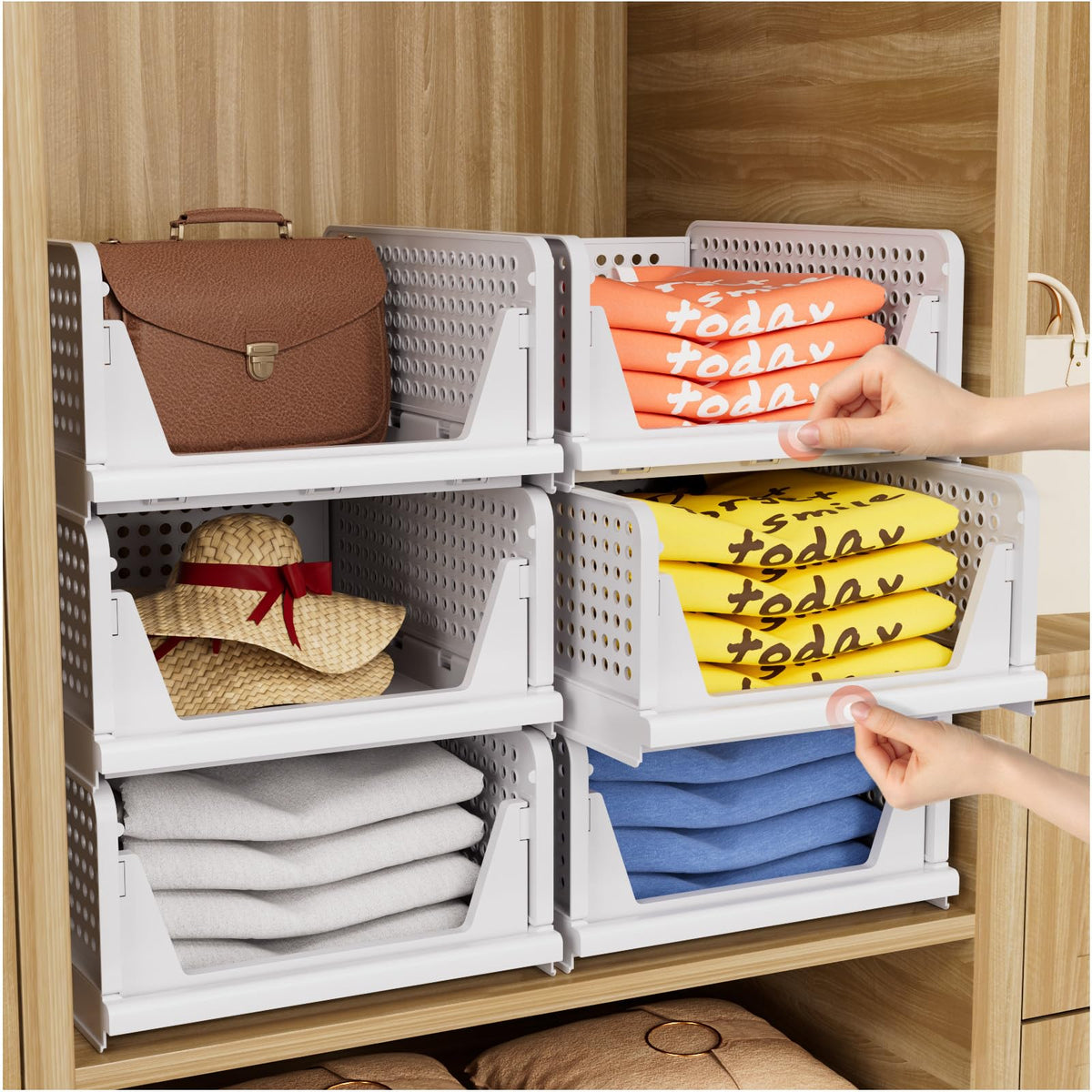 CTSNSLH 5-pack closet organizers stacked neatly to maximize wardrobe space.