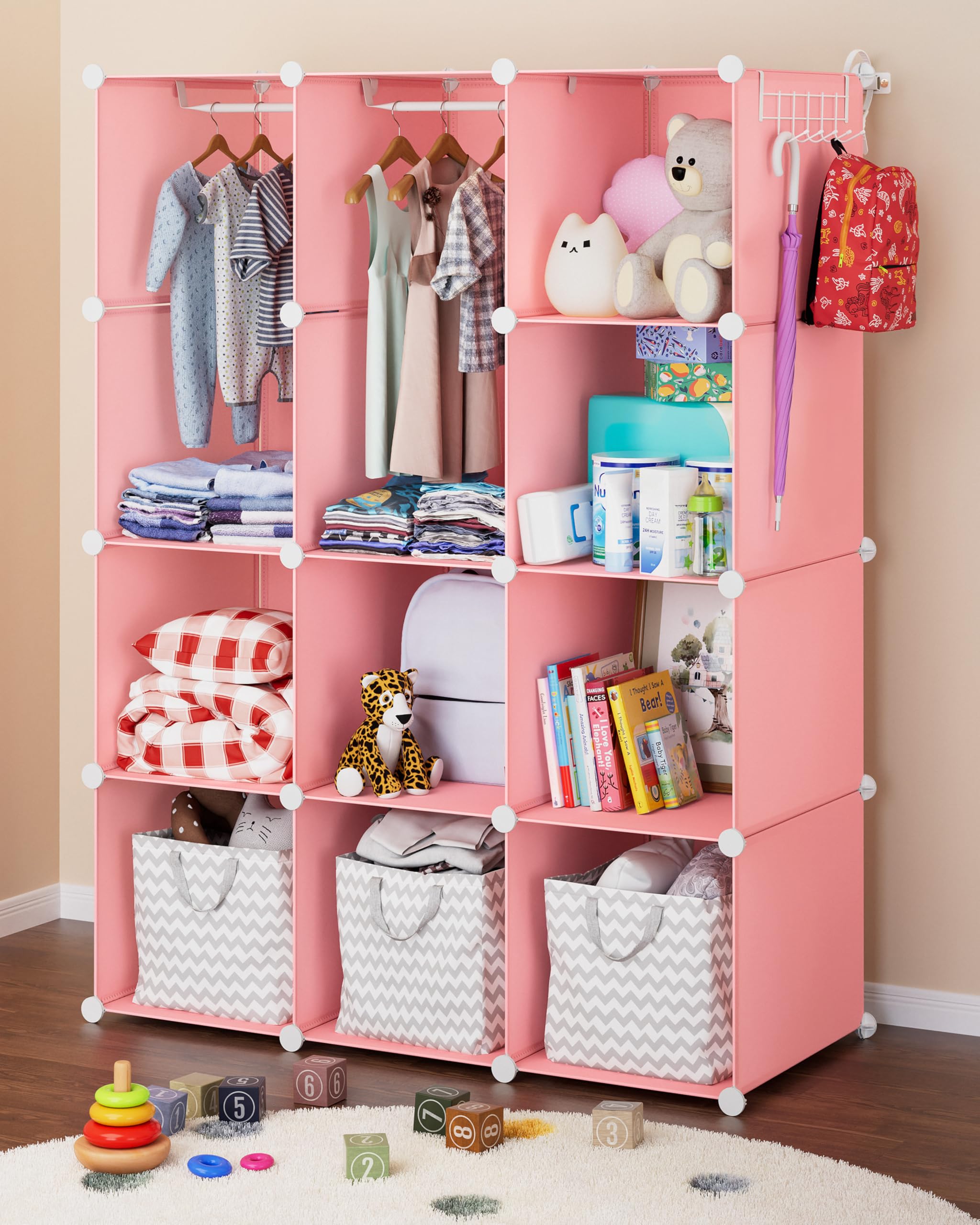 CUBEDIY baby closet organizer in pink shelves for tidy baby clothes and toys