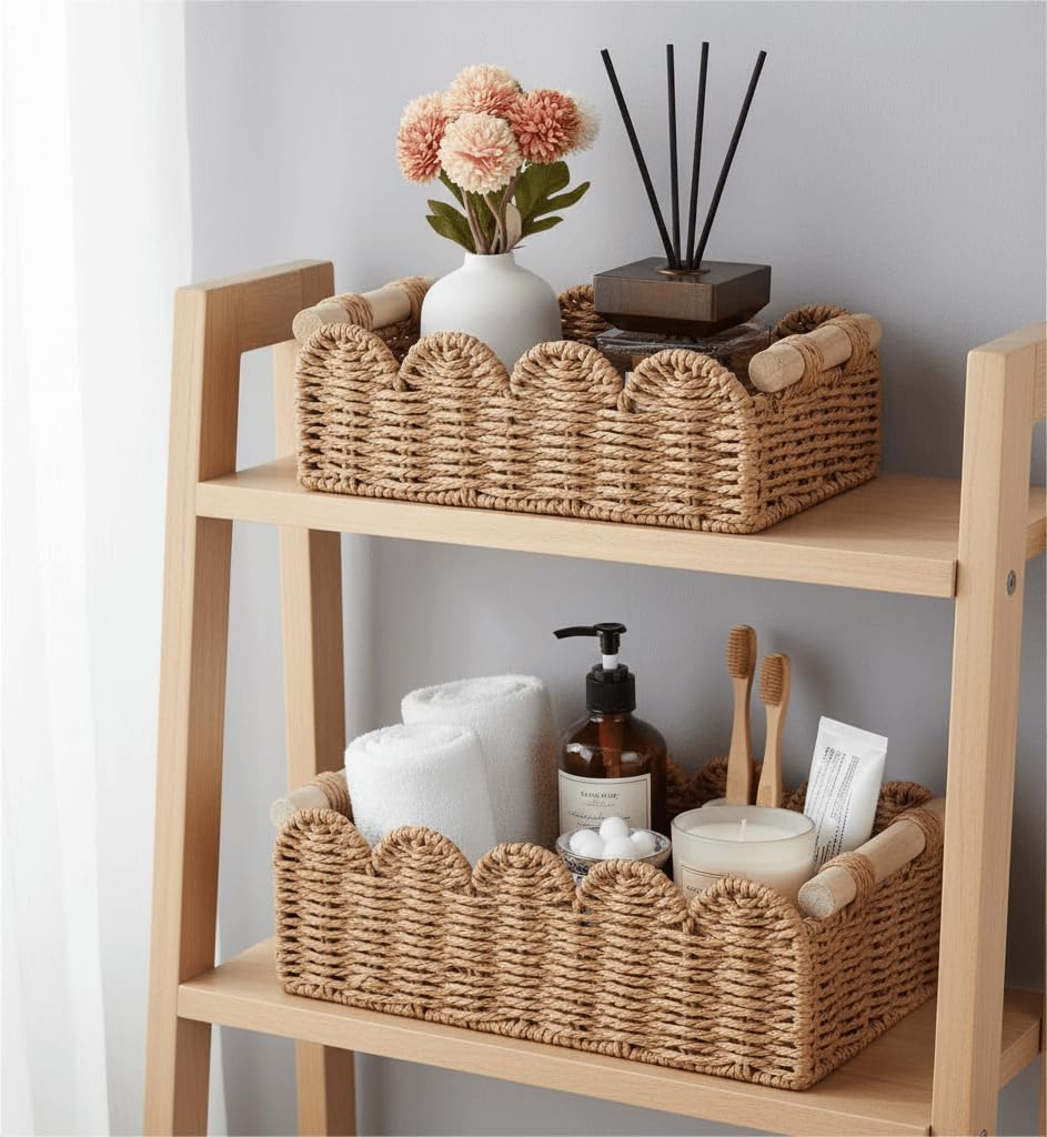 CubesLand over-toilet wicker basket enhances bathroom storage with neutral decor