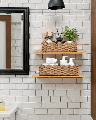 CubesLand scalloped-edge basket with wood handles adds farmhouse charm.