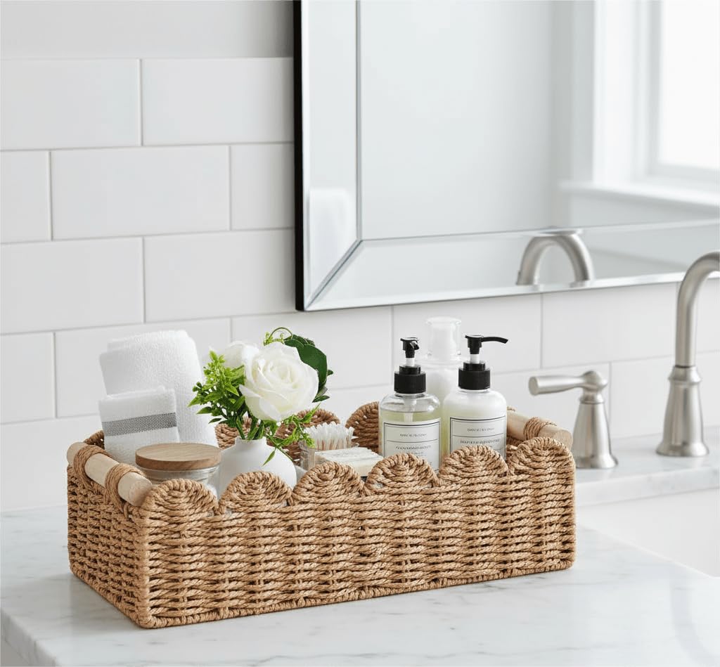 CubesLand scalloped top storage basket on countertop adds decorative storage