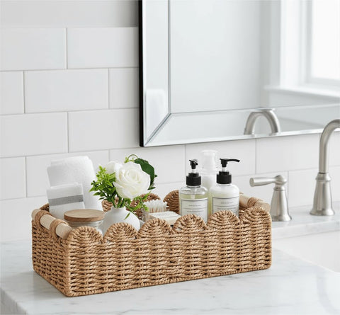 CubesLand scalloped top storage basket on countertop adds decorative storage