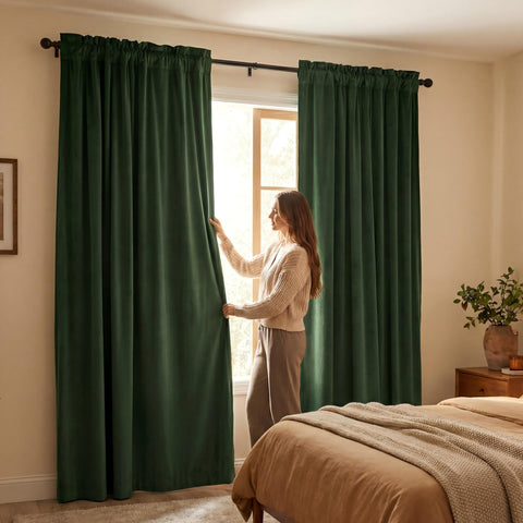 CUCRAF dark olive green velvet curtains texture close-up highlights rich color and softness.