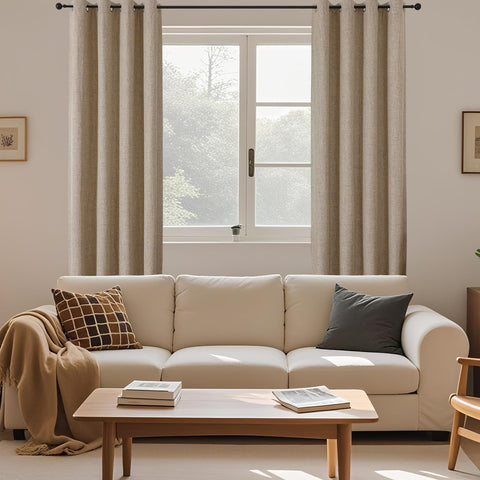 CUCRAF light khaki curtains add versatile color with practical blackout features.