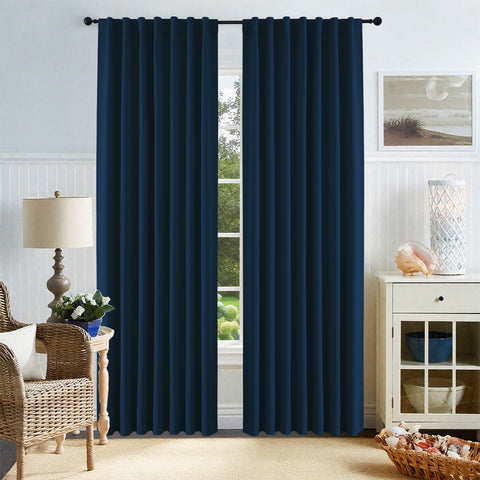 CUCRAF navy blue curtains may help balance energy use by reducing heat gain.