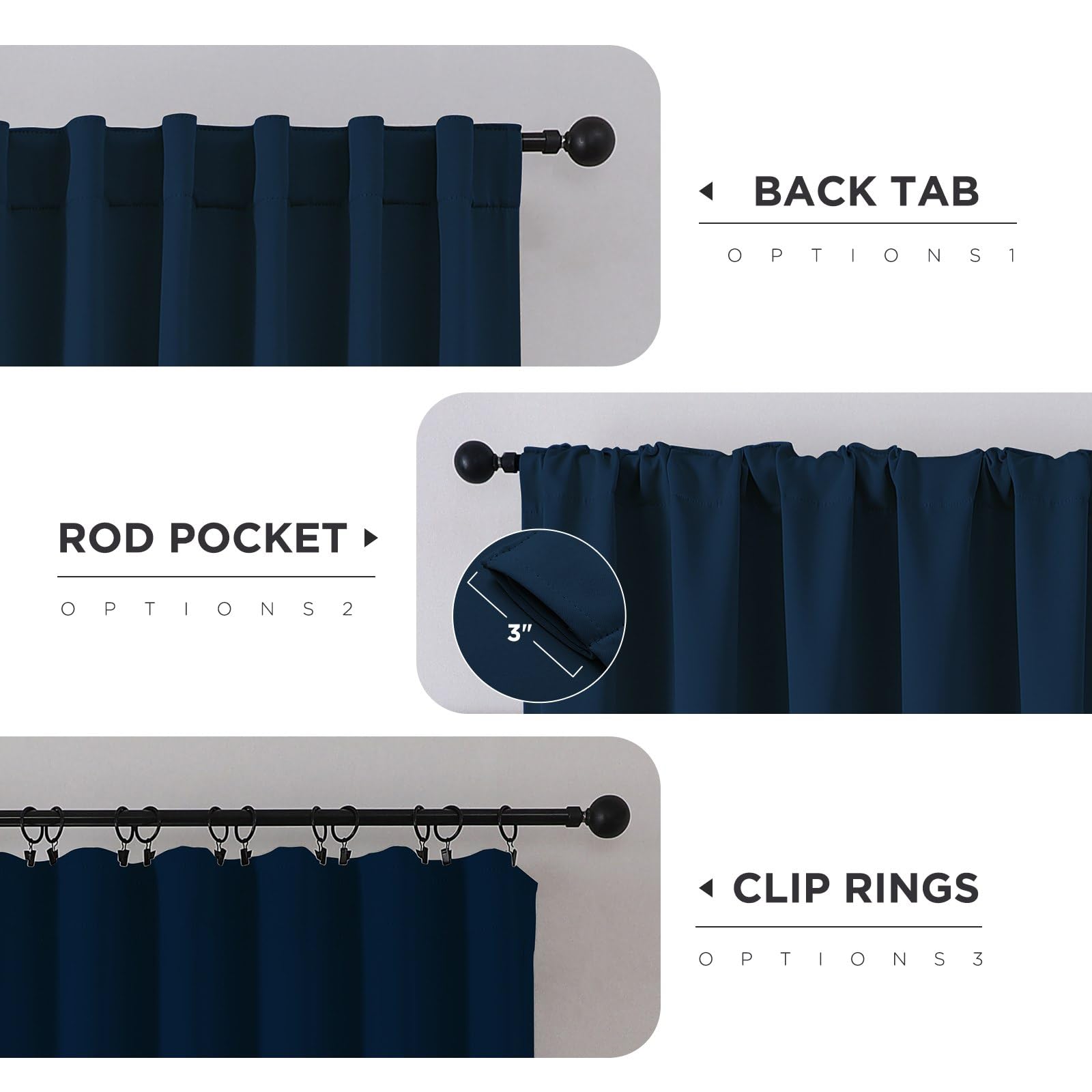 CUCRAF curtains with rod pocket and back tab, navy blue finish for easy hanging.