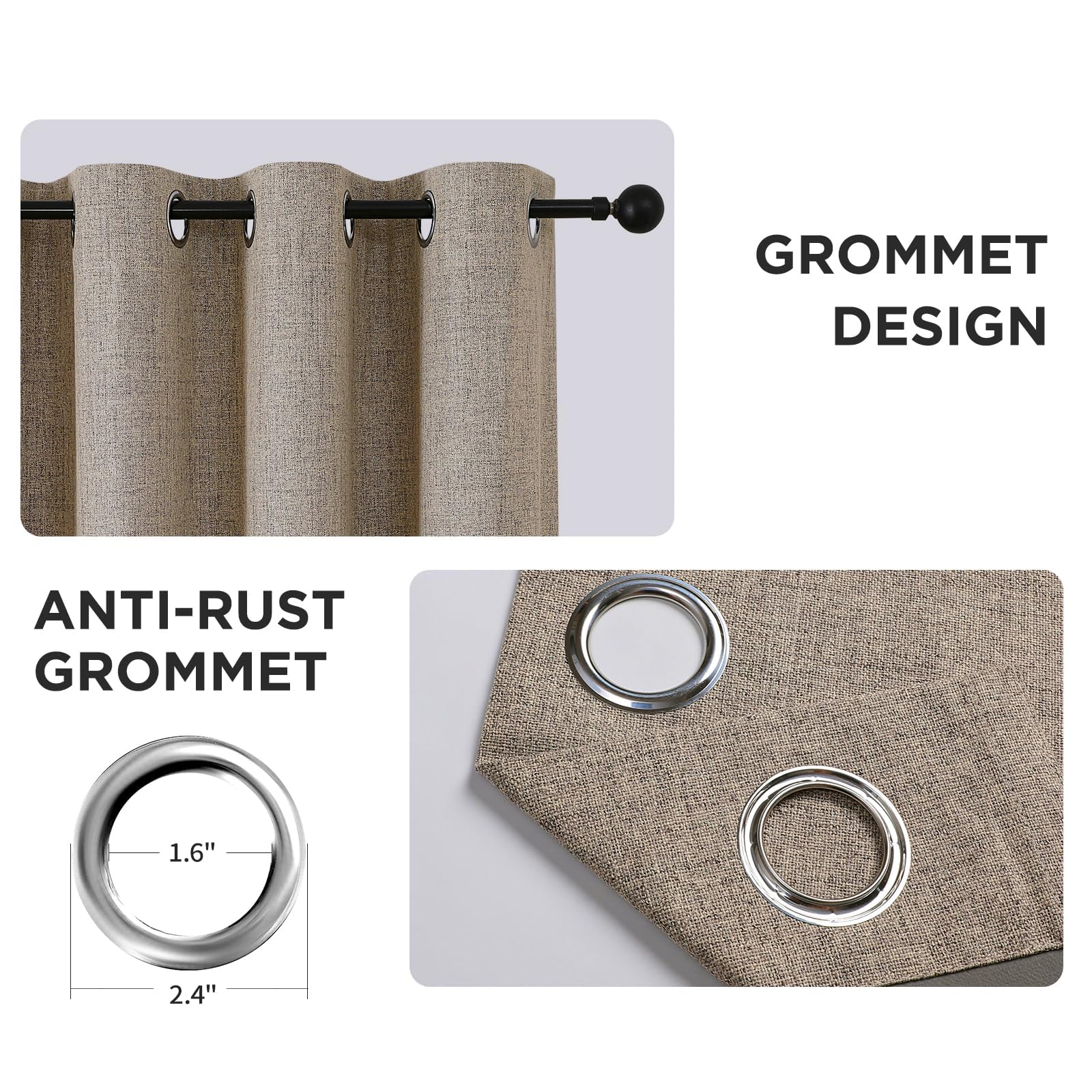 CUCRAF curtains with silver grommets install smoothly on standard rods.