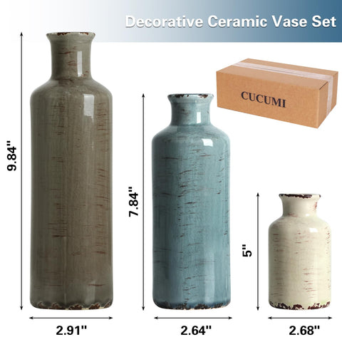 CUCUMI distressed glaze vases trio, close-up of textured surface.