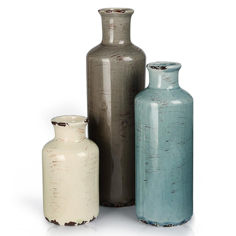 CUCUMI ceramic vases set of 3 with rustic crackle finish for elegant shelf display.