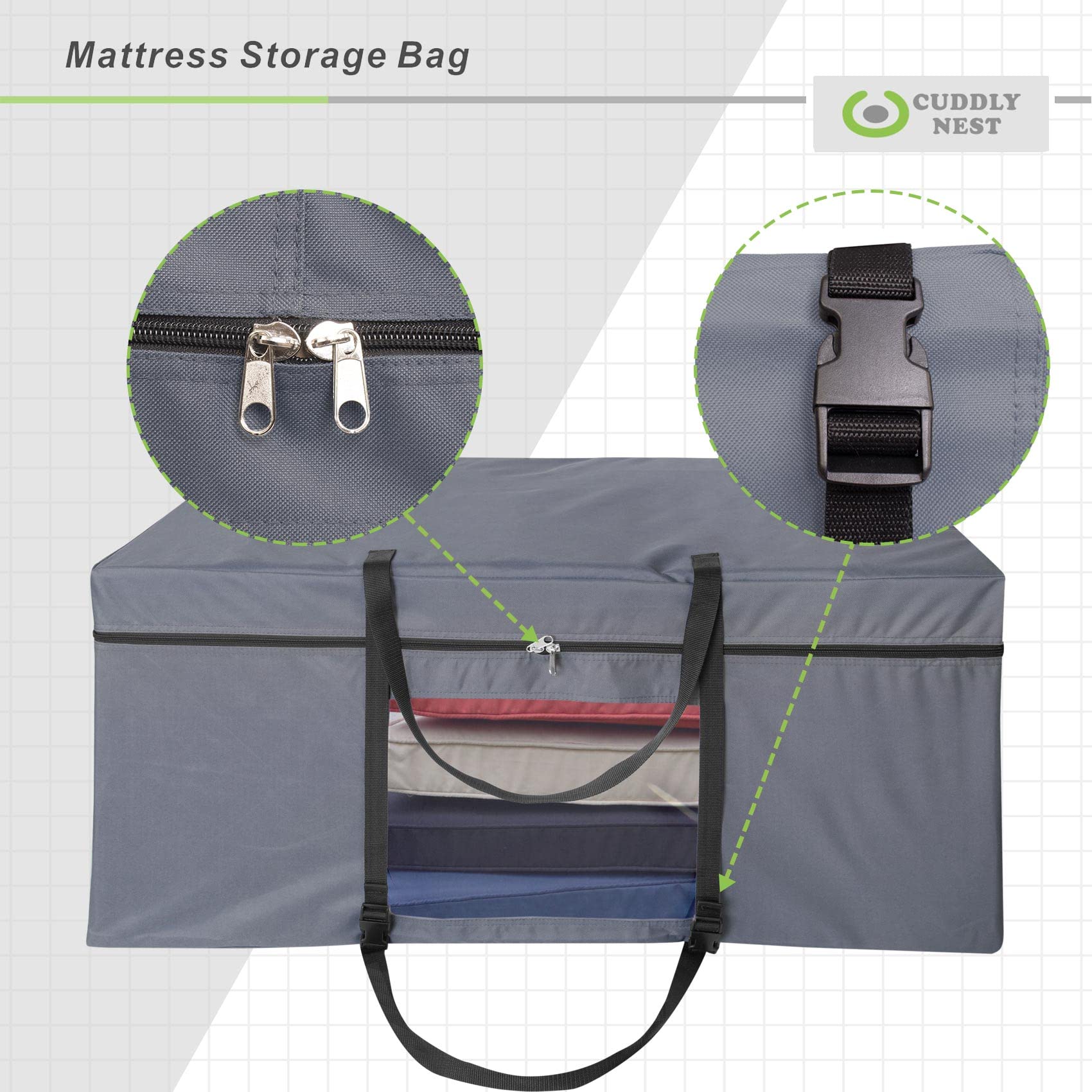 Cuddly Nest heavy-duty material protects mattress during storage and transport
