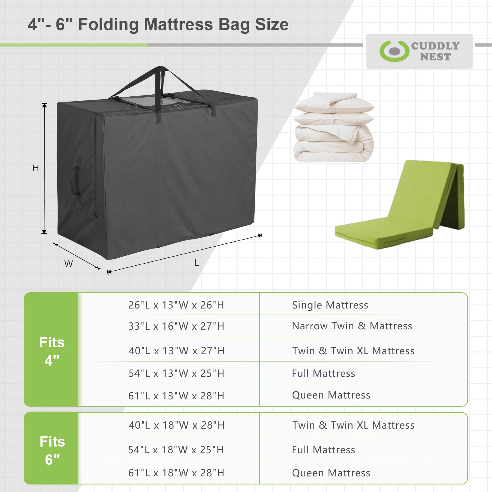Cuddly Nest heavy-duty Oxford fabric protects bedding from dust and moisture.
