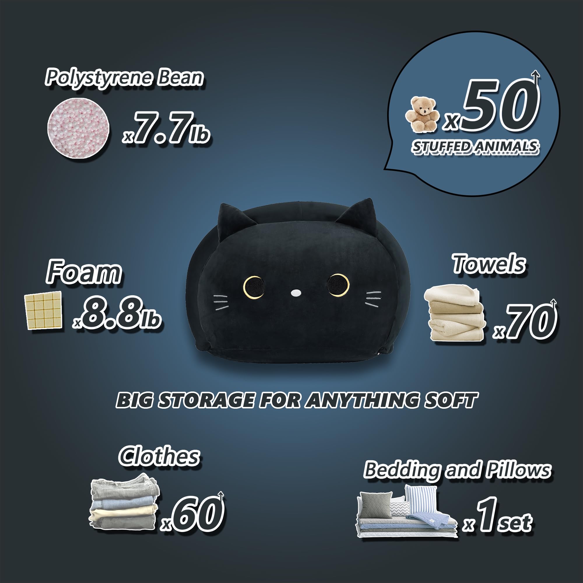 cuBear Black Cat Bean Bag Cover storage with toys, illustrating large capacity