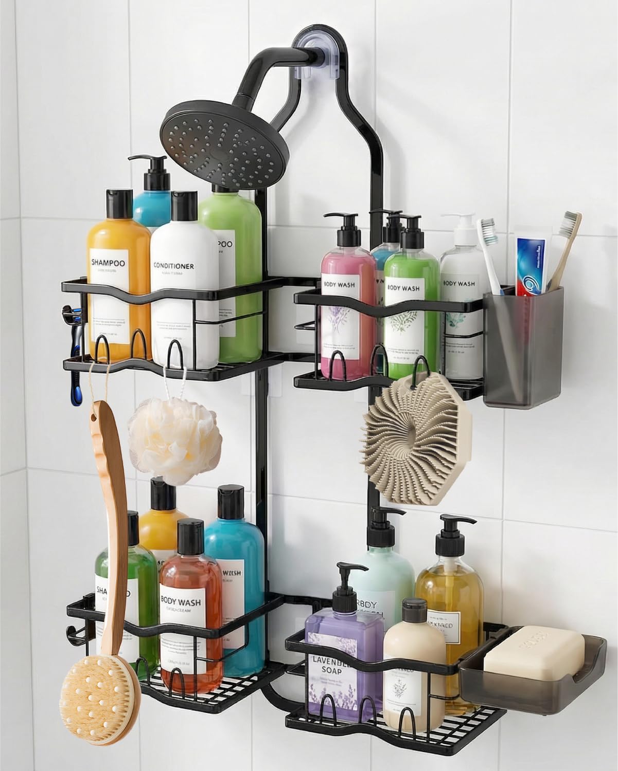 CUETWT shower caddy hanging over showerhead keeps toiletries organized and accessible.