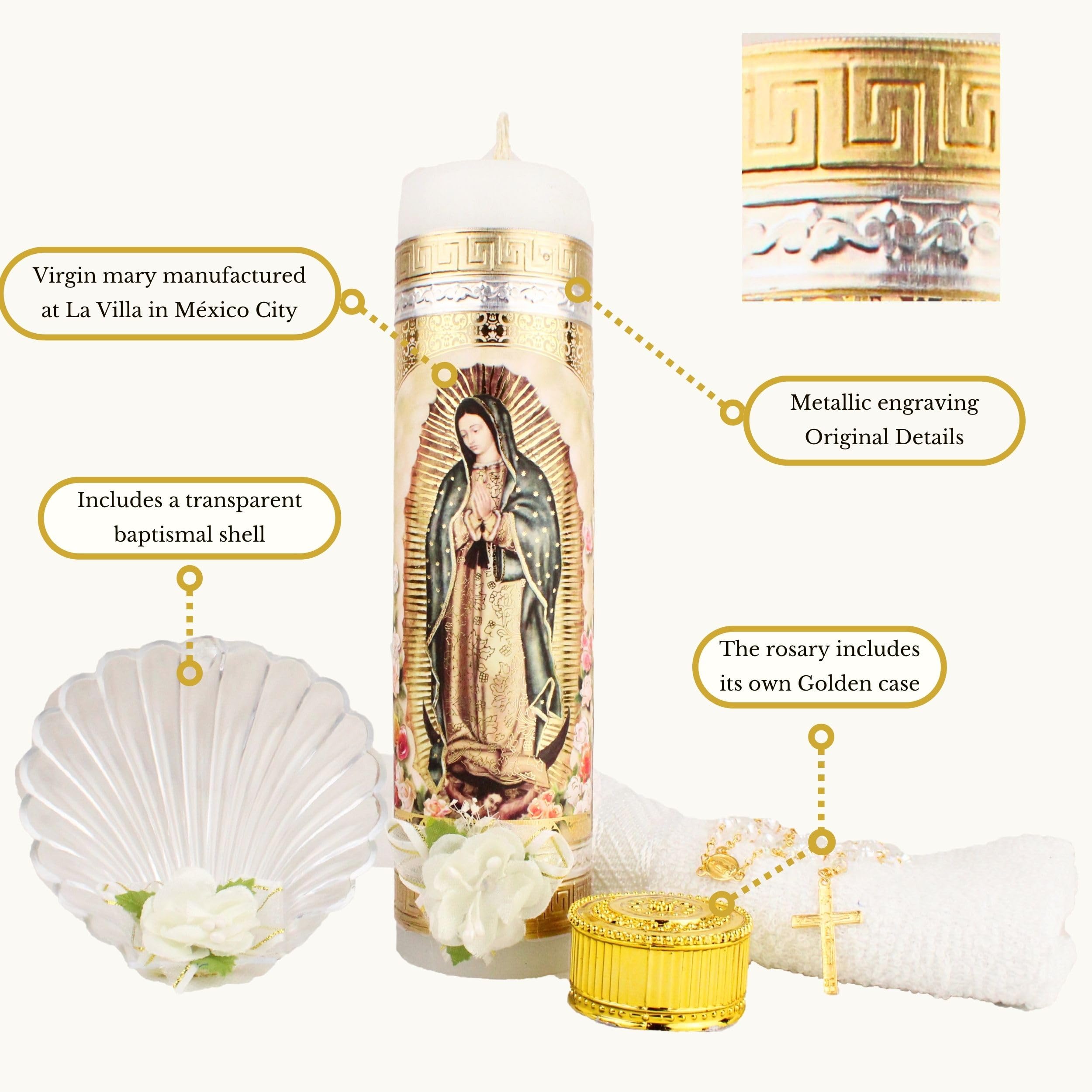 Cuitaxi golden metallic cover detail on Virgen Guadalupe candle.