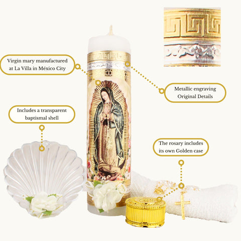 Cuitaxi golden metallic cover detail on Virgen Guadalupe candle.