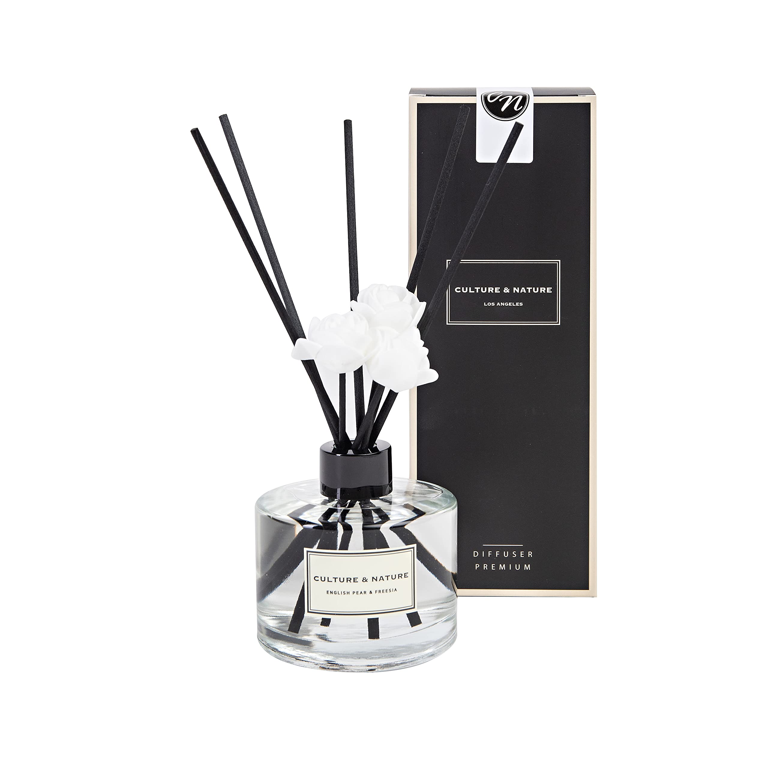 Culture & Nature reed diffuser bottle with English Pear & Freesia aroma for a living room